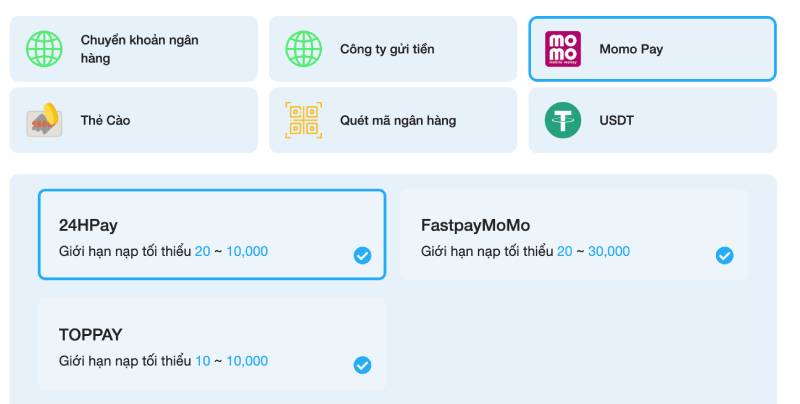 Bước 3: Chọn kênh nạp bạn muốn sử dụng